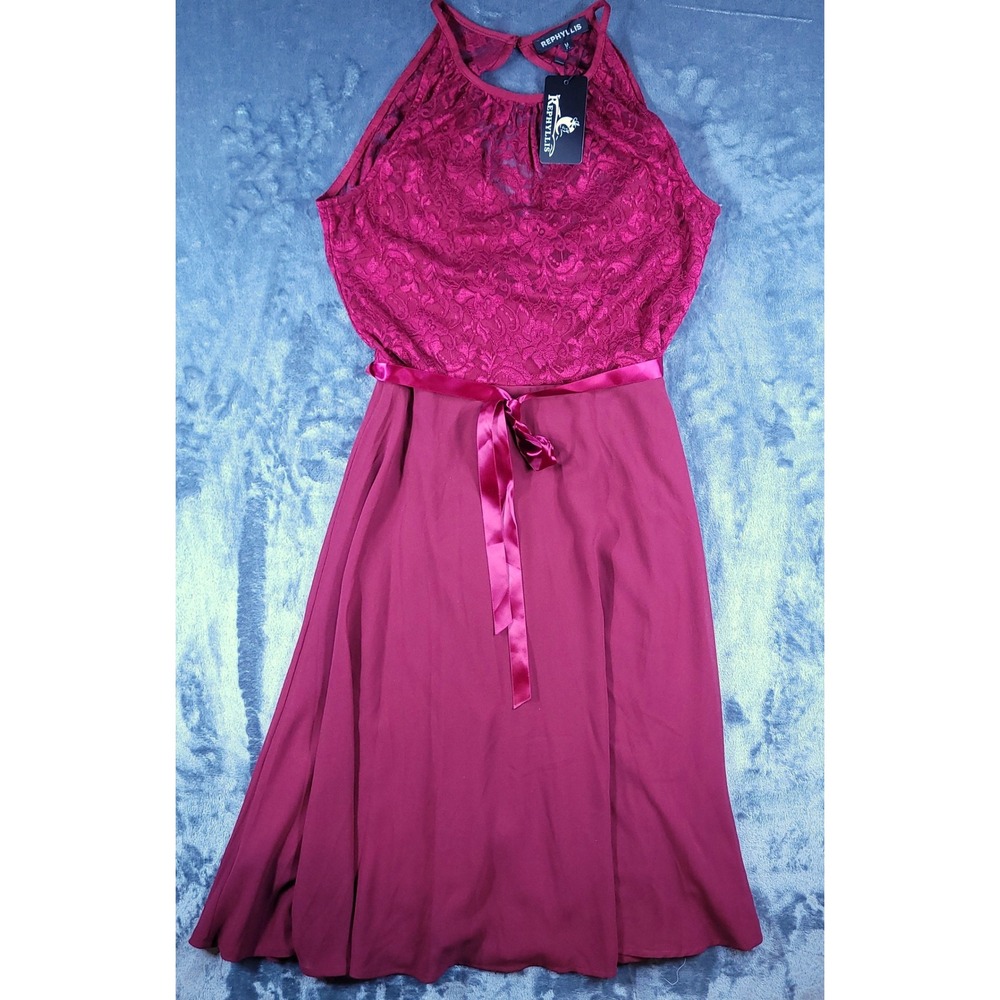 REPHYLLIS Burgundy Lace Halter Neck Cocktail Dress‎ Medium NWT Wine Red A-Line